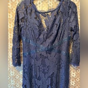 Womens Adrianna Papell Formal Gown Navy Blue with Beads Yoke Lace Illusion SZ 8